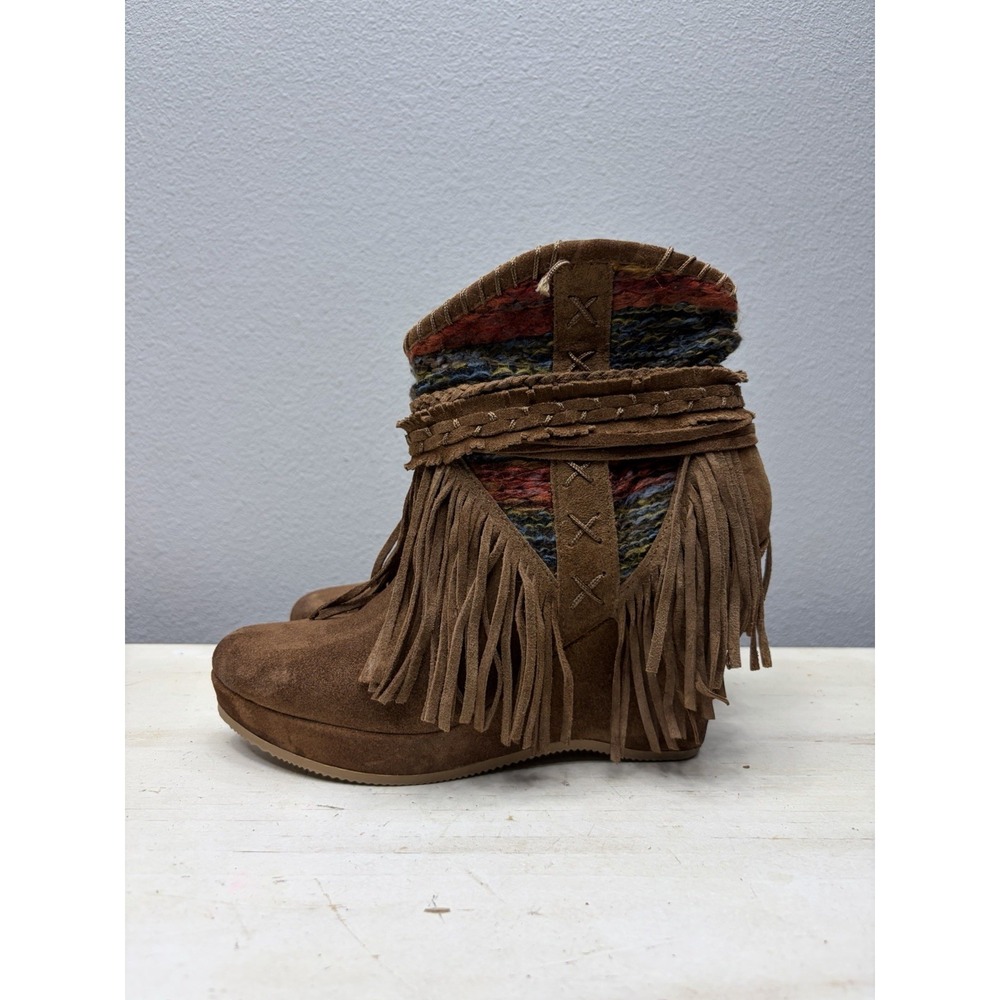 Naughty Monkey Chelsea Brown Suede Fringe Western Wedge Mid-Calf Boots US8